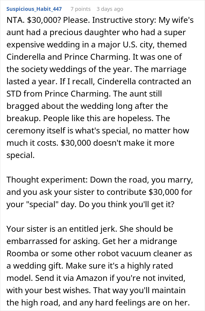 Comment discussing a woman uninviting sister from wedding over refusal to gift $30K for wedding expenses.