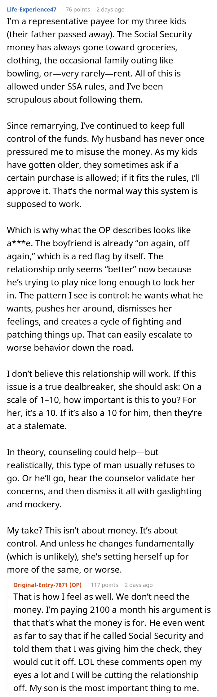 Text conversation discussing control issues and greed over son&rsquo;s survivor benefits causing relationship problems.