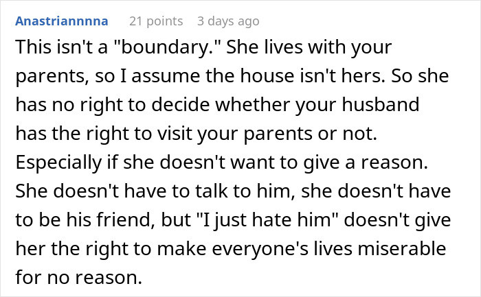 Screenshot of a Reddit comment discussing a woman forbidding her brother-in-law from talking to her despite seeing her nephew less.