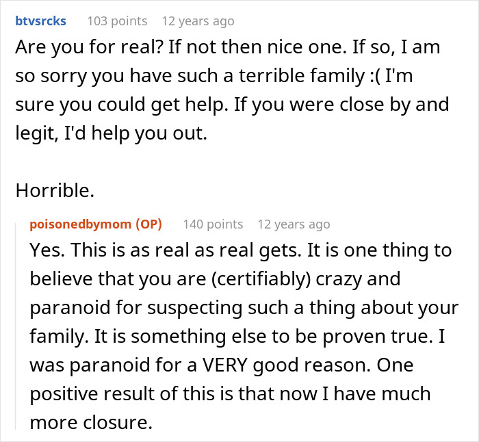 Comment discussion from a user sharing their experience and closure related to mother poisoned me accusations online.