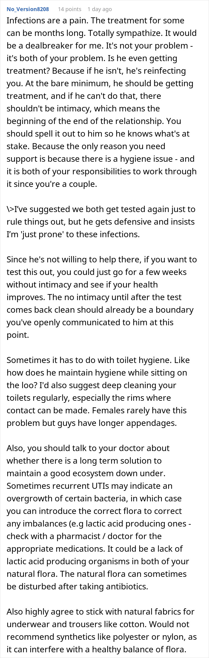Comment discussing partner's proneness to infections, refusal of testing, and concerns about relationship health boundaries.