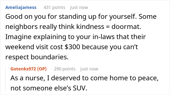 Comment exchange about nurse coming home from 12-hour shift upset over neighbor repeatedly using her driveway without permission.