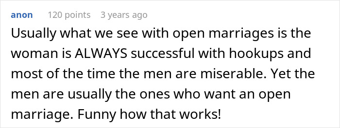 Text comment discussing open marriage dynamics, highlighting men's desire and frustration when partners sleep with others.