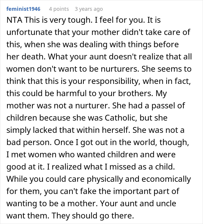 Comment discussing challenges of unwanted siblings adoption and responsibility in family care and nurturing.