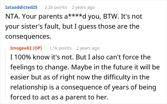Comments from a forum discussing the struggles of a 19-year-old forced to be a parent to her little sister.