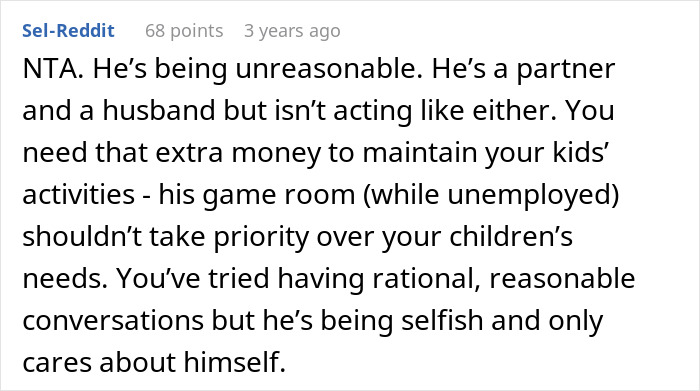 Alt text: Reddit comment discussing renting out husband&rsquo;s man cave due to his refusal to work or help with family needs