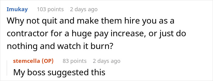 Screenshot of an online discussion about an engineer advising HR on software access revocation consequences.