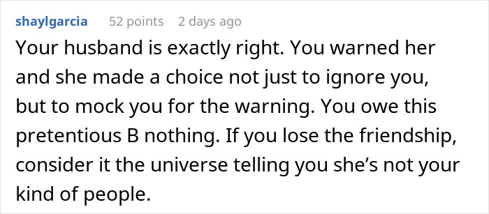 Comment on social media post discussing woman refusing to pay &pound;2,300 after baby breaks friend&rsquo;s iPhone and Gucci sunglasses, highlighting ignored warning.