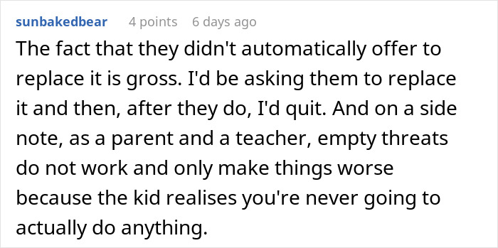 Comment discussing a kid pouring water on babysitter&rsquo;s laptop after smashing it, debating if it should be replaced.
