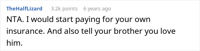 Screenshot of a Reddit comment discussing a teen creating a hygiene checklist for their brother before school drives.