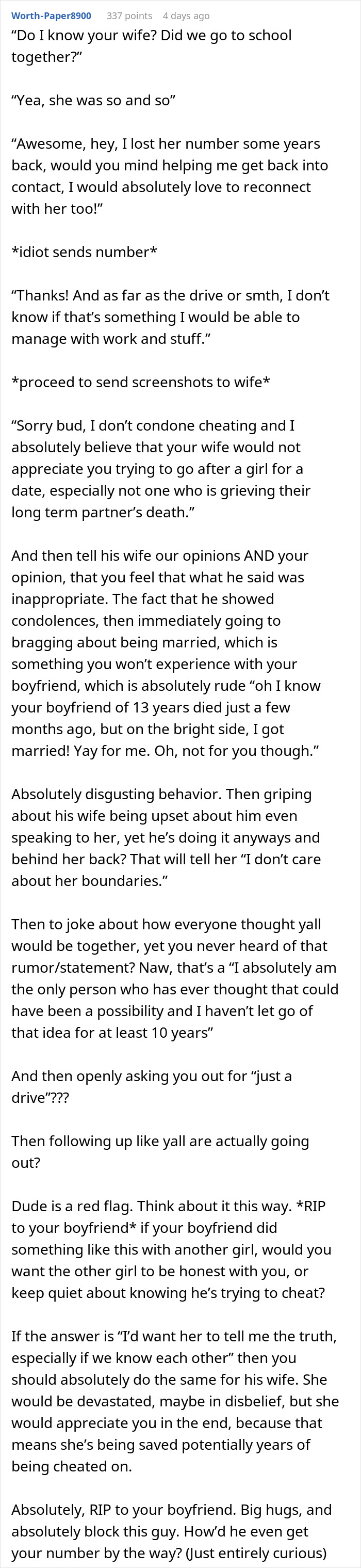 Text messages showing a friend messaging a grieving widow after her boyfriend died, raising concerns about boundaries.