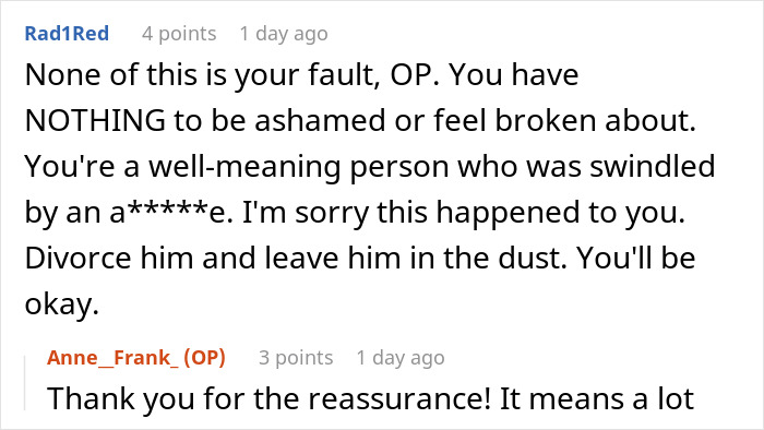 Alt text: Online conversation showing support for woman learning she was her husband’s second choice and advice to leave him. Alt text: Online conversation showing support for woman learning she was her husband’s second choice and advice to leave him.