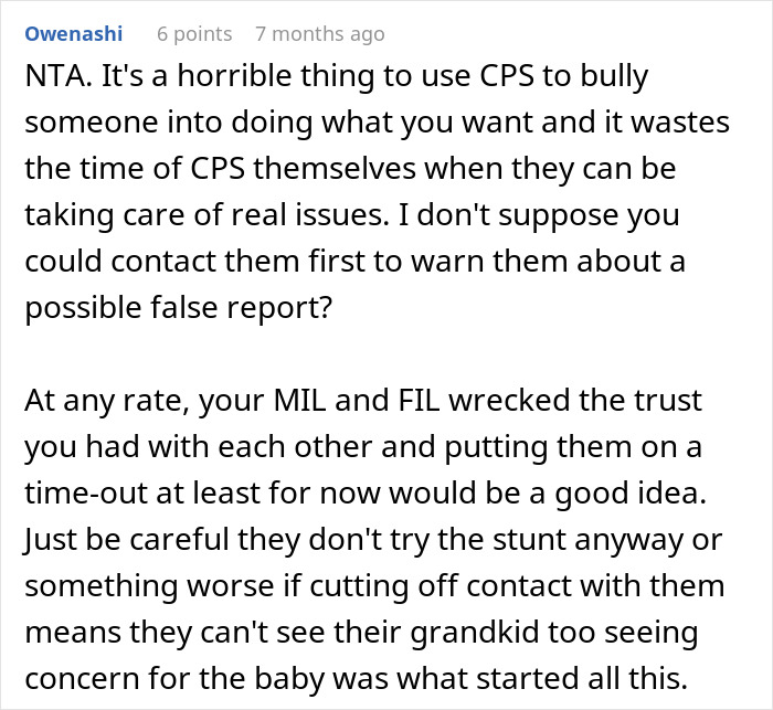 Reddit comment discussing stress over potential CPS call due to spouse's parents disapproving of dogs in the house.