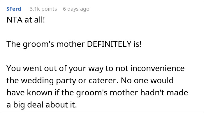 Comment about wedding drama as couple can&rsquo;t accommodate friend&rsquo;s diet and friend brings own food, sparking conflict.