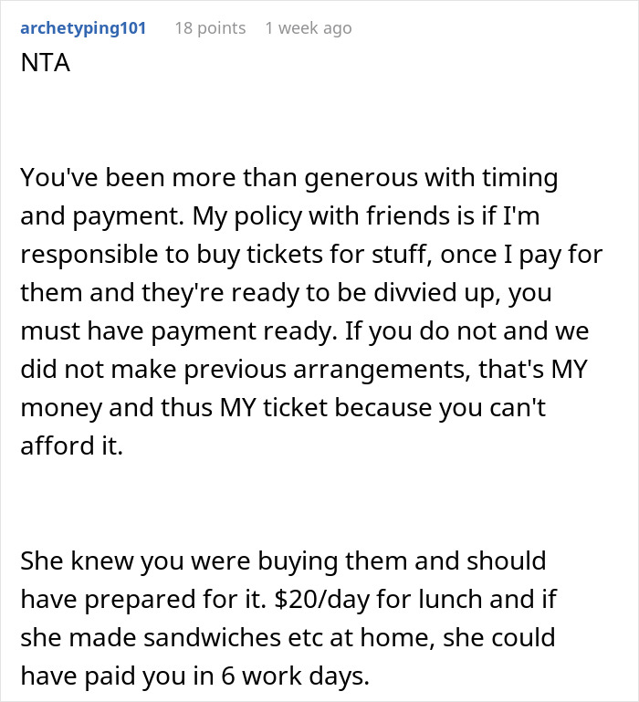 Woman refuses to wait longer for friend who won’t pay her back for tickets, stressing payment responsibility and fairness. Woman refuses to wait longer for friend who won’t pay her back for tickets, stressing payment responsibility and fairness.