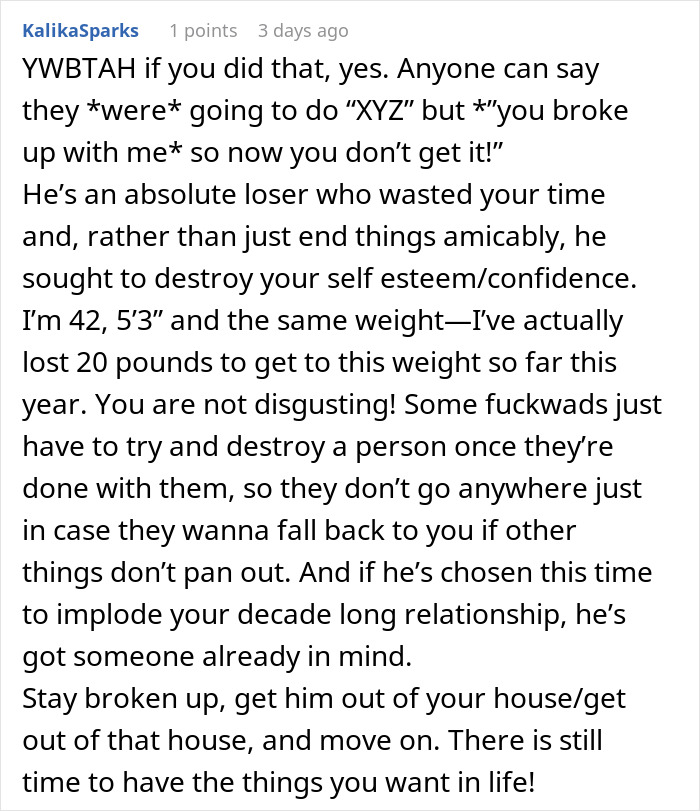 Comment discussing a man breaking up with his girlfriend of ten years after an argument about cheese.