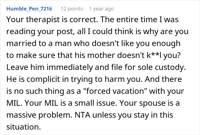 Comment from an online forum discussing a woman confronting her MIL for purposely triggering her allergies. Comment from an online forum discussing a woman confronting her MIL for purposely triggering her allergies.