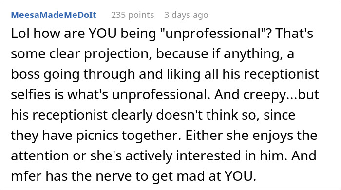 Comment discussing workplace unprofessionalism and tension caused by petty drama risking job and marriage.