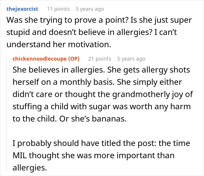 Comments discussing a mother-in-law ignoring a child&rsquo;s severe allergy and the consequences of spoiling the child.