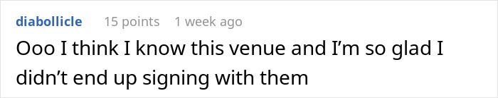Comment on a forum expressing relief about not signing with a venue, relating to a bride going full bridezilla as strangers crash her wedding.