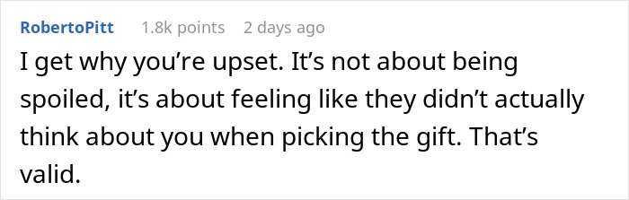 Teen disappointed and deeply hurt by parents' birthday gift, feeling unconsidered and emotionally upset in a heartfelt text comment.