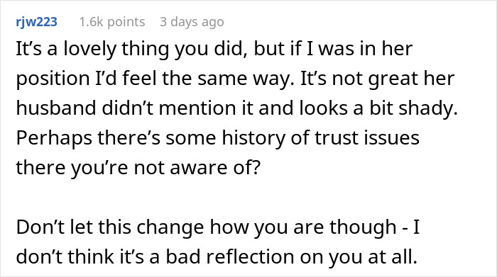 Comment discussing a woman helping a struggling coworker while his wife faces a family loss, with trust issues suggested. Comment discussing a woman helping a struggling coworker while his wife faces a family loss, with trust issues suggested.