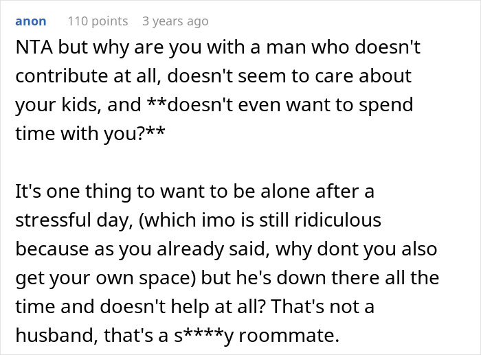 ALT text: Online comment discussing a husband&rsquo;s refusal to work or help while wife rents out his man cave space.