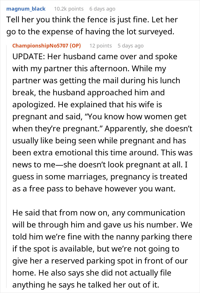 Conversation about neighbor upset over nanny parking in front of home, discussing boundary and communication between neighbors.