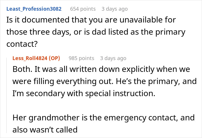 Screenshot of an online discussion about a school calling a mom instead of her husband and emergency contact details. Screenshot of an online discussion about a school calling a mom instead of her husband and emergency contact details.