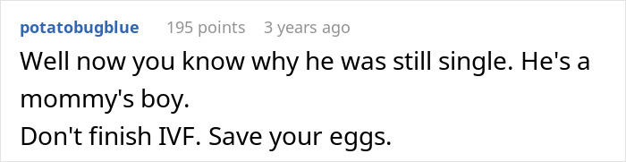 Comment text showing husband gets anxious after marriage and asks for divorce during wife's IVF, labeled as a mommy's boy.