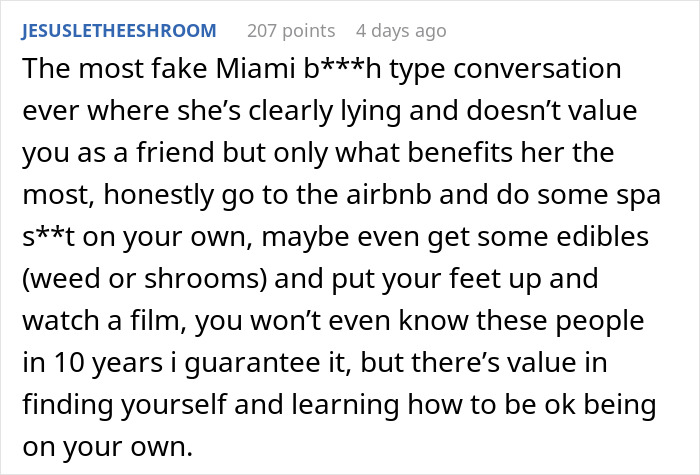 Text of a social media comment discussing fake friendships and suggesting solo self-care instead of group plans.