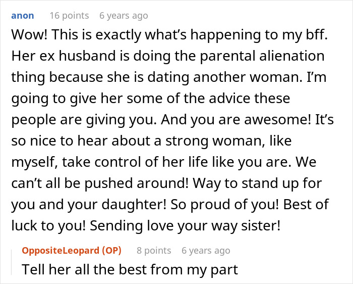 Screenshot of a Reddit comment praising a strong woman standing up to parental alienation and protecting her daughter.