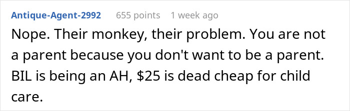 Screenshot of an online comment about a 40YO aunt refusing free babysitting, discussing family and childcare costs. Screenshot of an online comment about a 40YO aunt refusing free babysitting, discussing family and childcare costs.