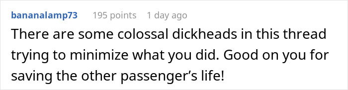 Reddit comment praising a passenger for raising alarm during Korean Airlines medical crisis and criticizing crew's protocol failure.