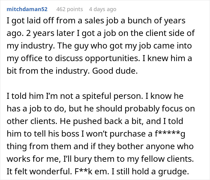 Alt text: Text recounting an employee's story of being laid off and later poaching the former company&rsquo;s biggest client.