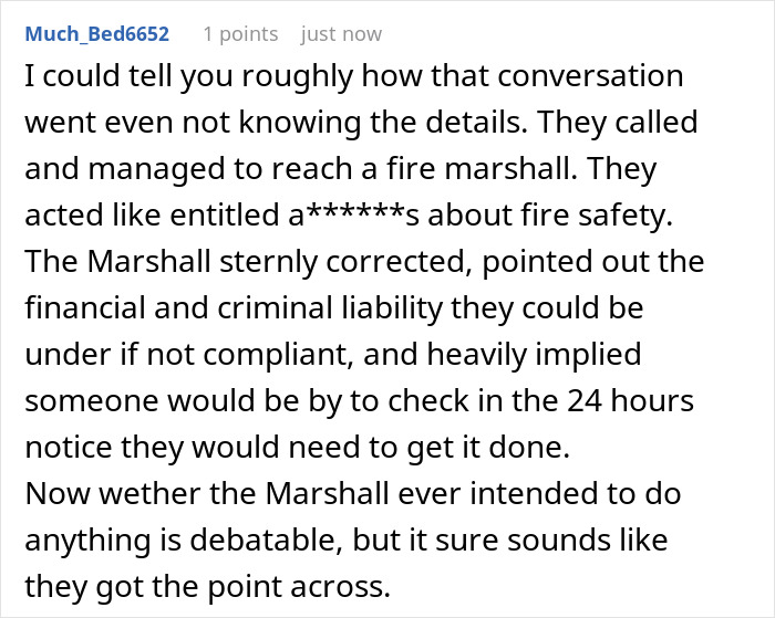 Comment discussing landlord malicious compliance drama involving fire safety, liability, and a fire marshall&rsquo;s stern warning.