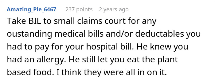 Comment discussing woman&rsquo;s anaphylactic shock caused by BIL lying about what he cooked for lunch.