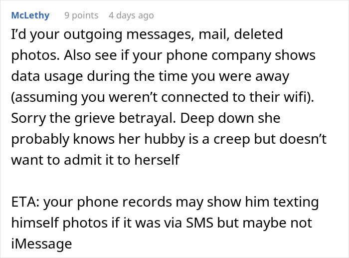 Screenshot of online comment discussing privacy violation suspicions and advice on checking phone data usage and messages.