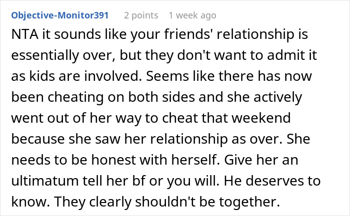 Screenshot of a Reddit comment discussing cheating and exposing a best friend&rsquo;s affair to her boyfriend in a troubled relationship.