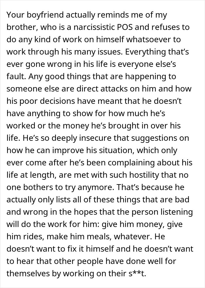 Text excerpt discussing red flags about a man earning more than his girlfriend and his deep insecurities and behaviors.