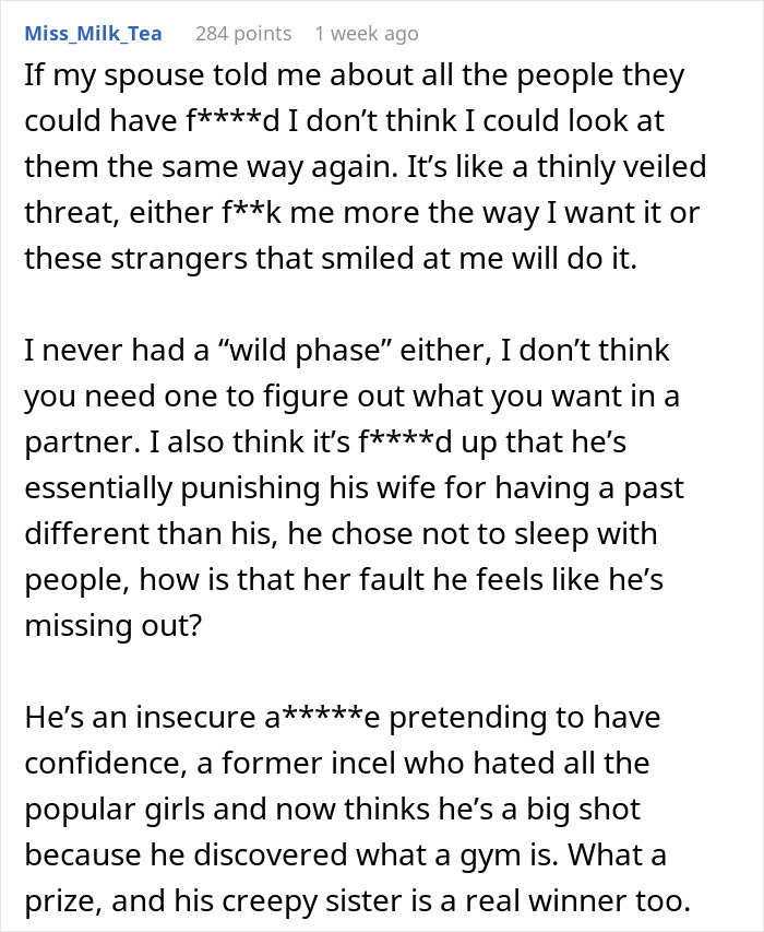 Comment discussing insecurity and intimacy boundaries in a husband, with people predicting divorce for him.