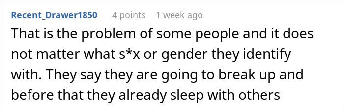 Comment about people breaking up and cheating regardless of gender, exposing best friend&rsquo;s affair to boyfriend risk.