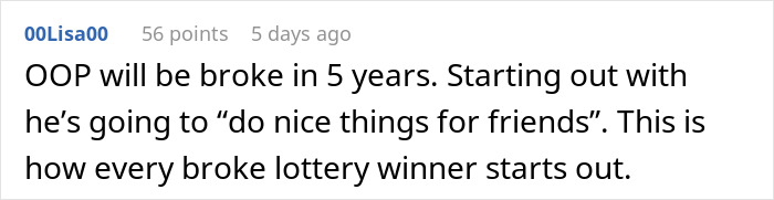Comment text explaining how a broke lottery winner and girlfriend wants to quit job after winning lottery.