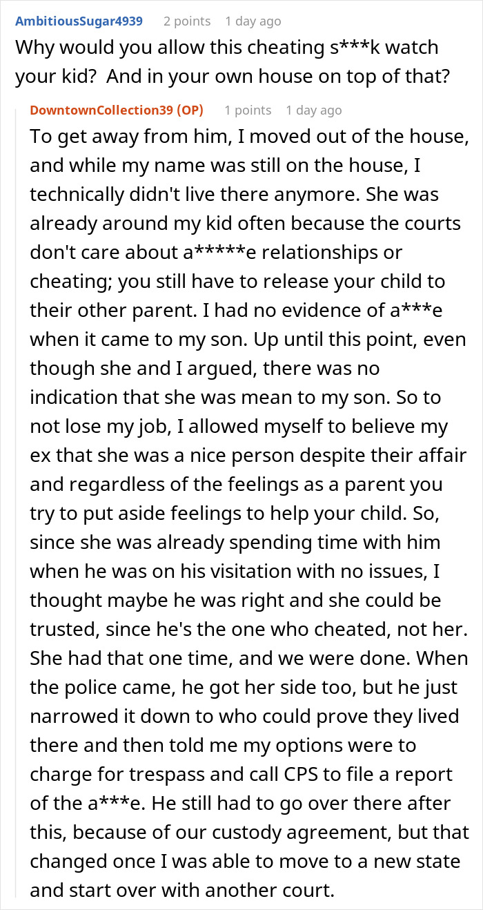 Reddit conversation discussing a lady locking out an affair partner&rsquo;s kid in winter and the mom's response.