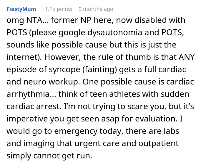 Comment explaining the importance of cardiac and neurological evaluation after a teen faints and hurts herself.