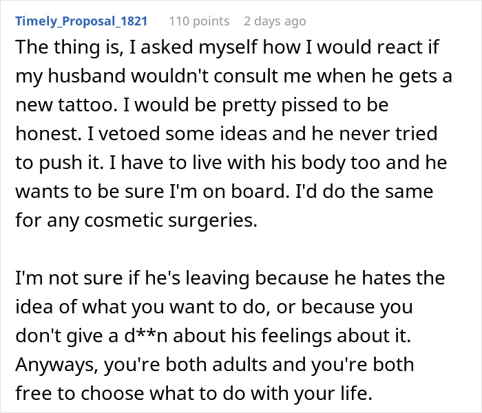 Man gives wife an ultimatum over plastic surgery, discussing husband reduction and marital consent on cosmetic procedures.