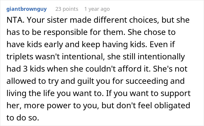 Screenshot of an online comment discussing a woman rejecting her sister’s money requests and family tensions over Ibiza vacation posts. Screenshot of an online comment discussing a woman rejecting her sister’s money requests and family tensions over Ibiza vacation posts.