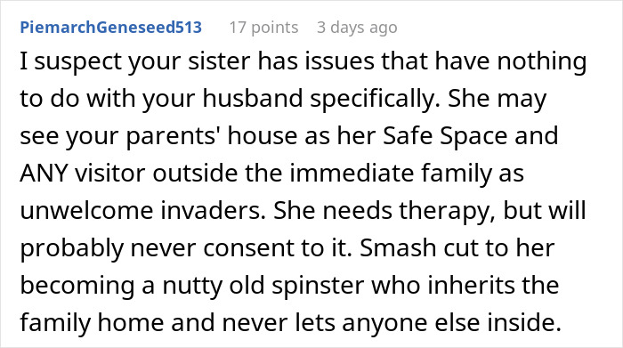 Comment discussing woman forbidding brother-in-law from contact despite seeing nephew less, hinting at family issues and need for therapy.
