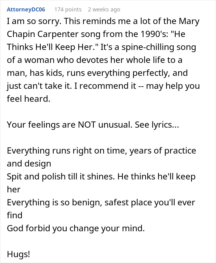 Comment expressing sympathy and sharing a song recommendation for hurt working mom dealing with an ignorant husband.