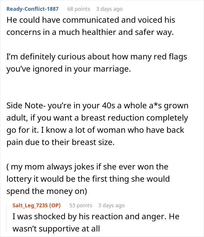 Text conversation about husband giving wife an ultimatum over plastic surgery and breast reduction concerns.